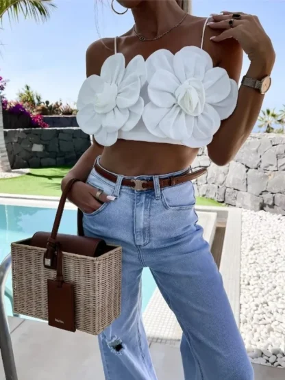 3D Floral Spaghetti Strap Crop Top - Image 2