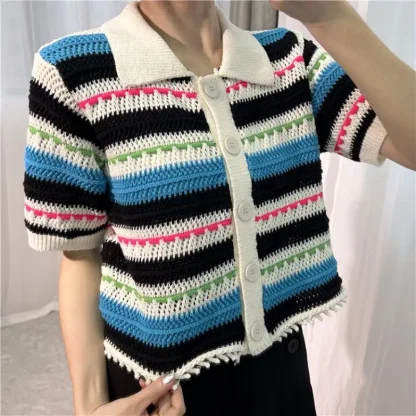 Knitted Striped Polo Crop Top