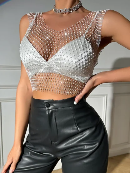 Shiny Fishnet Sexy Crop Top - Image 4