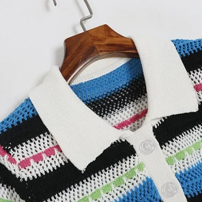 Knitted Striped Polo Crop Top - Image 4