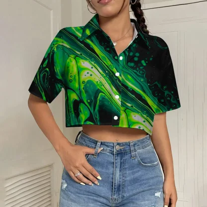 Printed Button Down Crop Tops - Image 3
