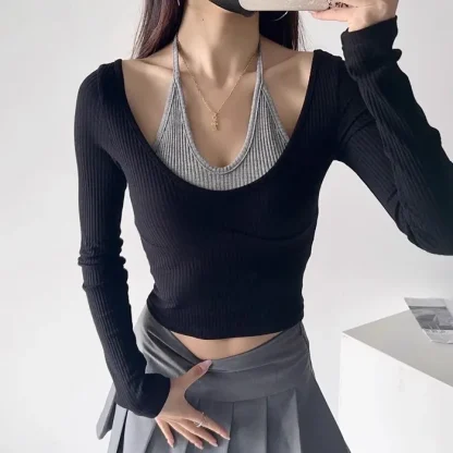 Halter Long Sleeve Crop Tops