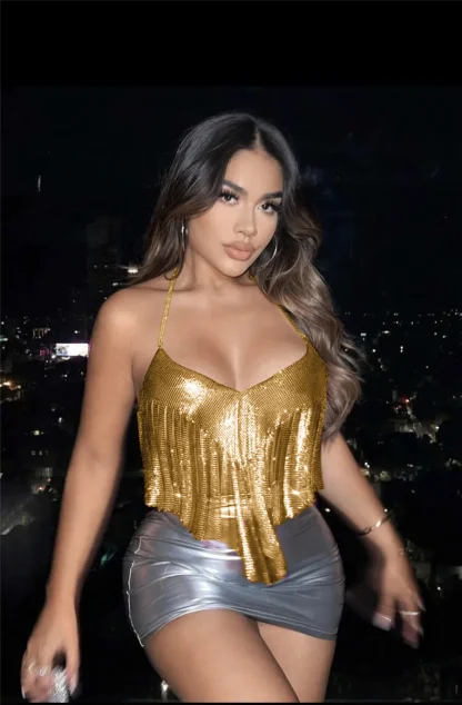 Metallic Backless Tassels Crop Top - Image 3