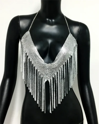 Metallic Backless Tassels Crop Top - Image 5