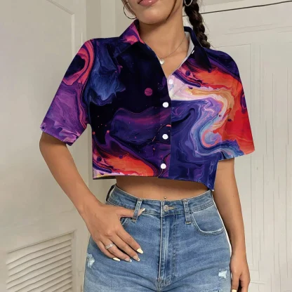 Marble Print Polo Crop Tops - Image 2
