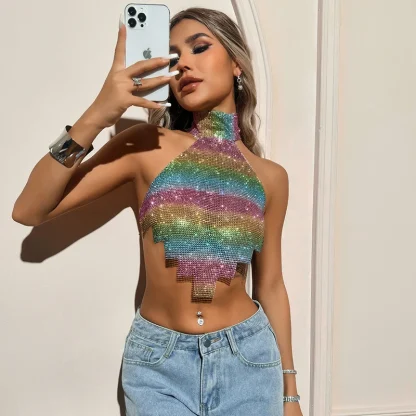 Colorful Halter Sequins Crop Top - Image 2