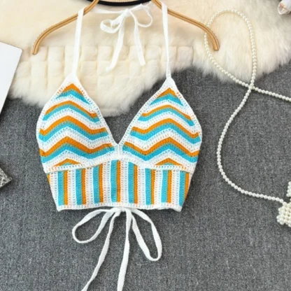 V-neck Crochet Halter Crop Tops - Image 3