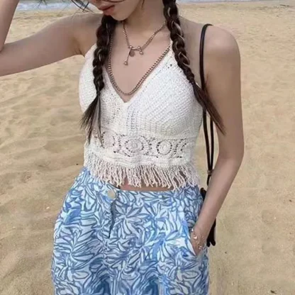 V-neck Crochet Tassel Crop Top