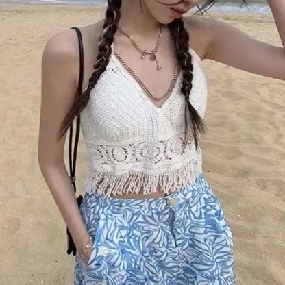 V-neck Crochet Tassel Crop Top - Image 2