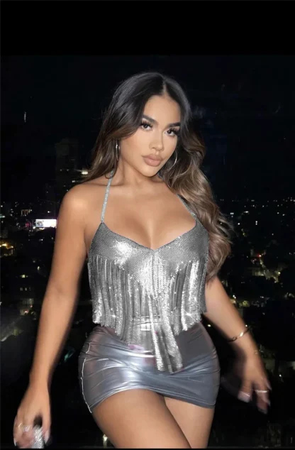 Metallic Backless Tassels Crop Top - Image 2
