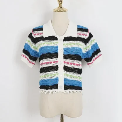Knitted Striped Polo Crop Top - Image 2