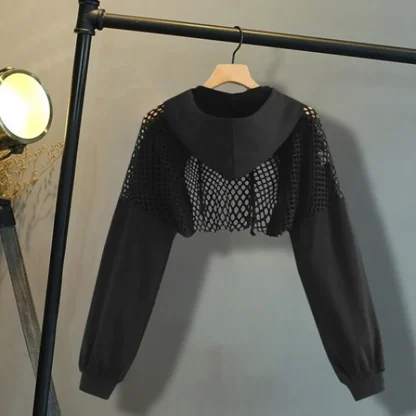 Black Hooded Mesh Crop Top - Image 3