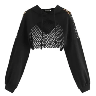 Black Hooded Mesh Crop Top
