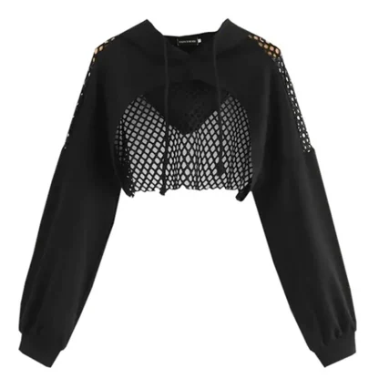Black Hooded Mesh Crop Top