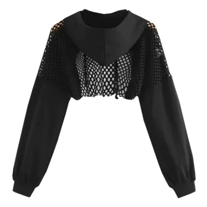Black Hooded Mesh Crop Top - Image 2