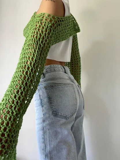 Hollow Out Long Sleeve Crop Tops - Image 2