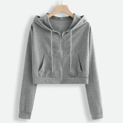 Zip-up Hooded Solid Crop Top - Image 5