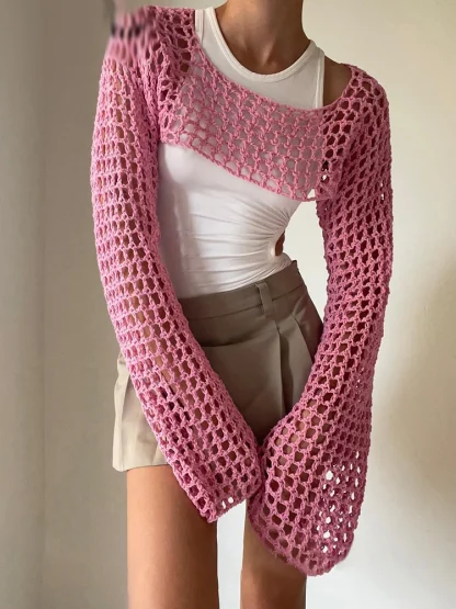 Hollow Out Long Sleeve Crop Tops - Image 7
