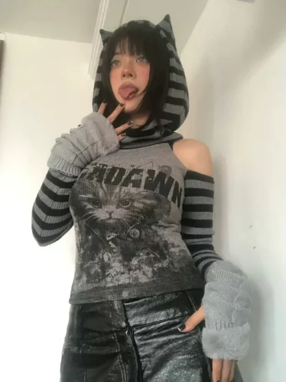 Striped Cat Ear Hoodie Crop Top - Image 6
