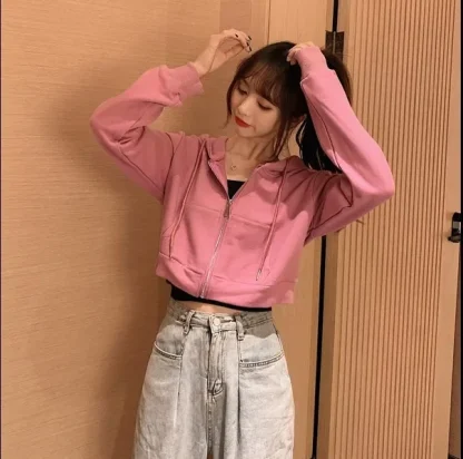 Zip-up Solid Hoodie Crop Tops - Image 6