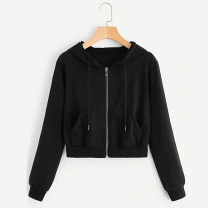 Zip-up Hooded Solid Crop Top