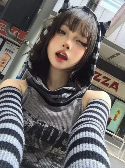 Striped Cat Ear Hoodie Crop Top - Image 3
