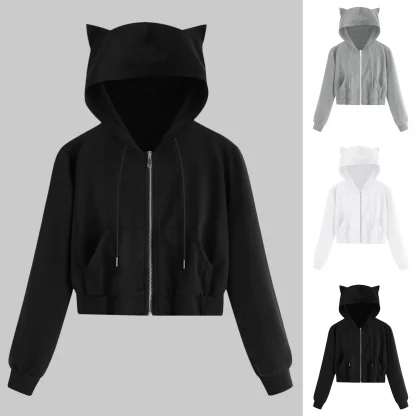 Cat Ear Zip-up Hoodie Crop Tops - Image 6