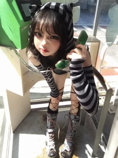 Striped Cat Ear Hoodie Crop Top - Image 4