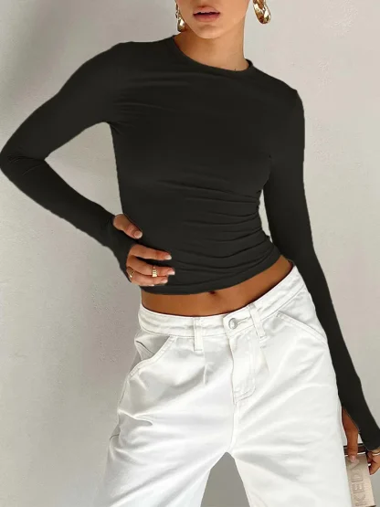 Thumb Hole Long Sleeve Crop Tops - Image 5