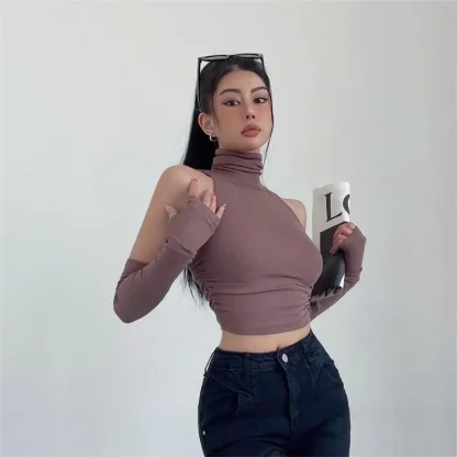 Sexy Solid Turtleneck Crop Top - Image 7