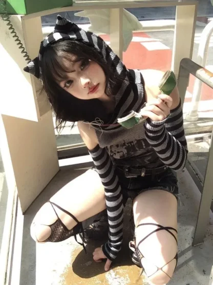 Striped Cat Ear Hoodie Crop Top