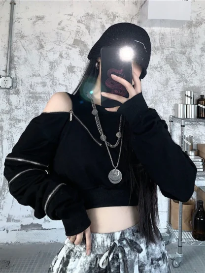 Asymmetrical Zippered Crop Top - Image 2