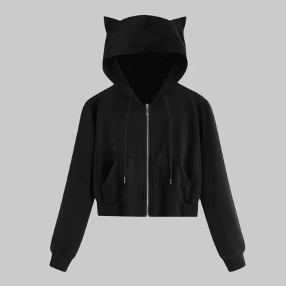 Cat Ear Zip-up Hoodie Crop Tops