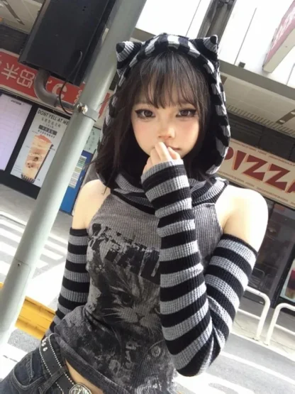 Striped Cat Ear Hoodie Crop Top - Image 2