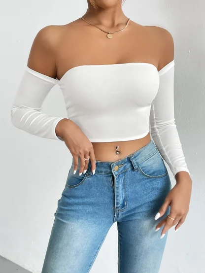 Off-shoulder Long Sleeve Crop Top - Image 3