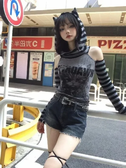 Striped Cat Ear Hoodie Crop Top - Image 5