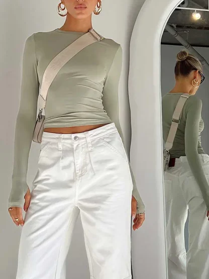 Thumb Hole Long Sleeve Crop Tops - Image 3