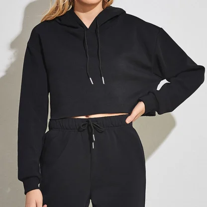 Solid Pullover Hoodie Crop Tops - Image 2